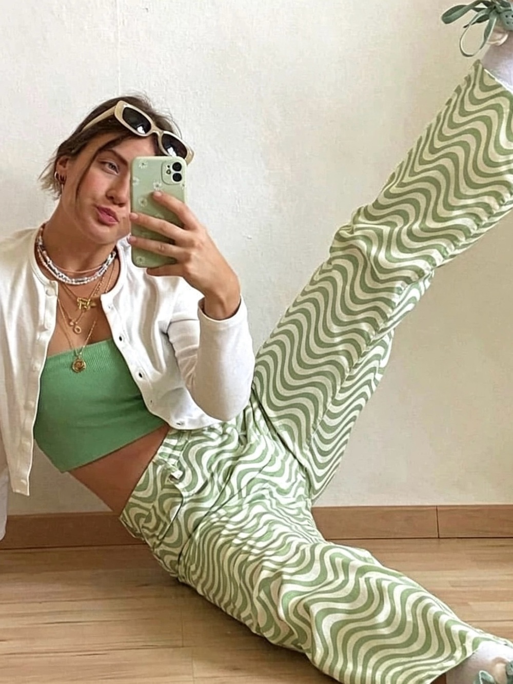 Green Wave Print High-Waist Pants